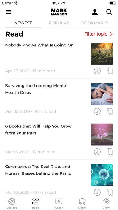 Emulate iPhone app The Mark Manson App using MyAndroid