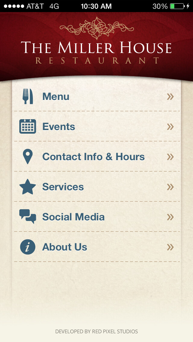 Emulate iPhone app The Miller House Restaurant using MyAndroid