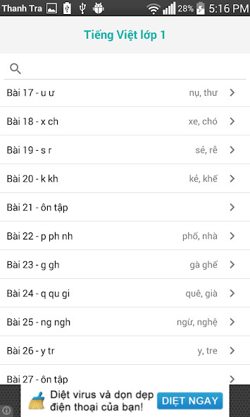 Emulate iPhone app Tieng Viet Lop 1 - Tap 1 using MyAndroid