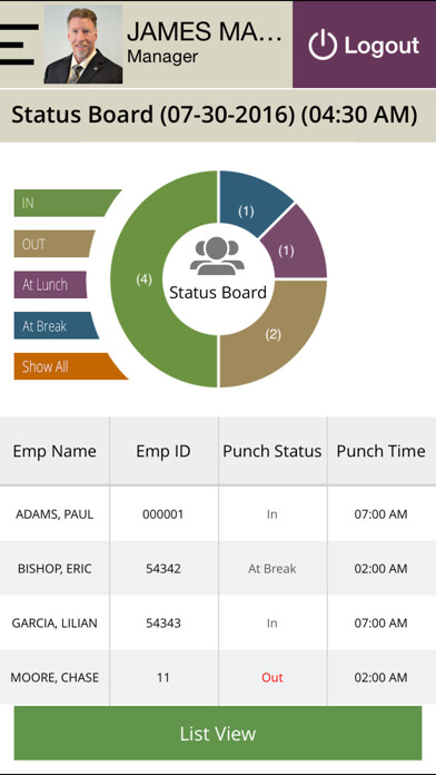 Emulate iPhone app Time Clock: Managers using MyAndroid