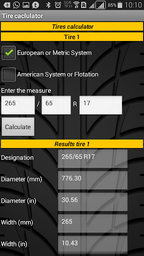 Run android online APK Tire Calculator - Free from MyAndroid or emulate Tire Calculator - Free using MyAndroid
