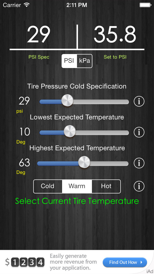 Emulate iPhone app Tire Pressure Correction using MyAndroid