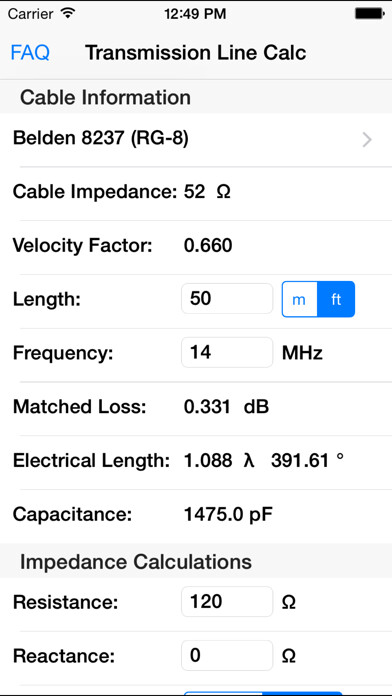 Emulate iPhone app Transmission Line Calc using MyAndroid
