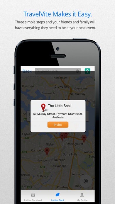 Emulate iPhone app TravelVite — Invite Friends & Family to Any Location for Your Next Planned Event using MyAndroid