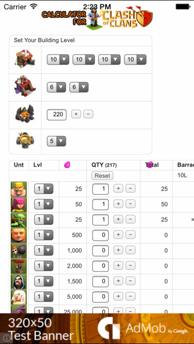 Emulate iPhone app Troops and Spells Cost Calculator/Time Planner for Clash of Clans using MyAndroid