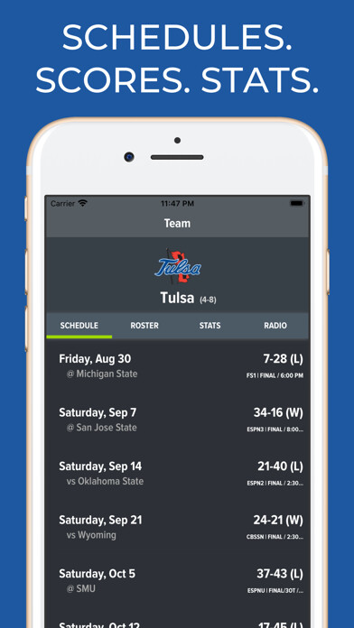 Emulate iPhone app Tulsa Football Schedules using MyAndroid