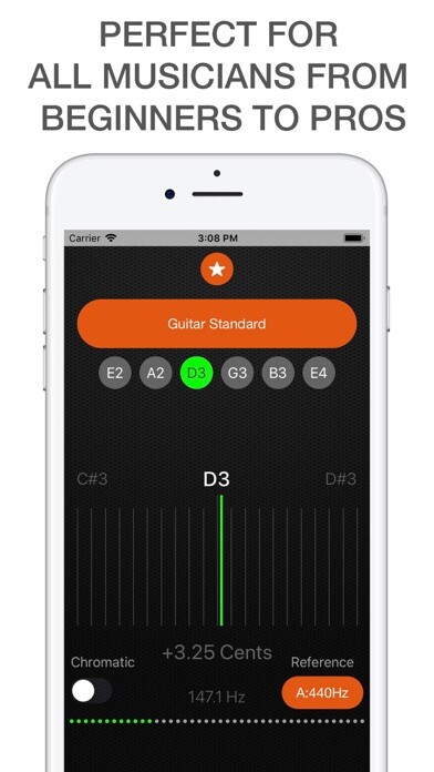 Emulate iPhone app Tuner: guitar, ukulele, bass using MyAndroid