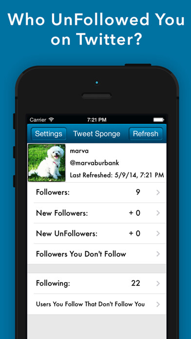 Emulate iPhone app Tweet Sponge - UnFollow Stats using MyAndroid