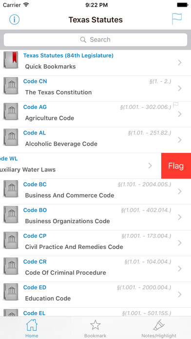 Emulate iPhone app TX Laws, Texas Statutes Codes using MyAndroid