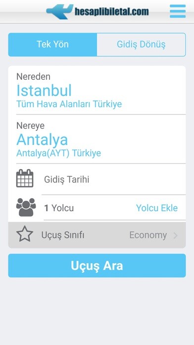 Emulate iPhone app Uçak Bileti Hesaplı Bilet Al using MyAndroid