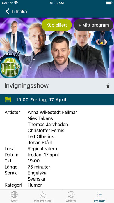 Emulate iPhone app Uppsala Magic and Comedy using MyAndroid