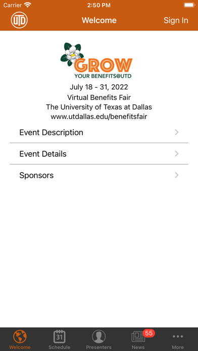 Emulate iPhone app UTD Benefits Fair using MyAndroid