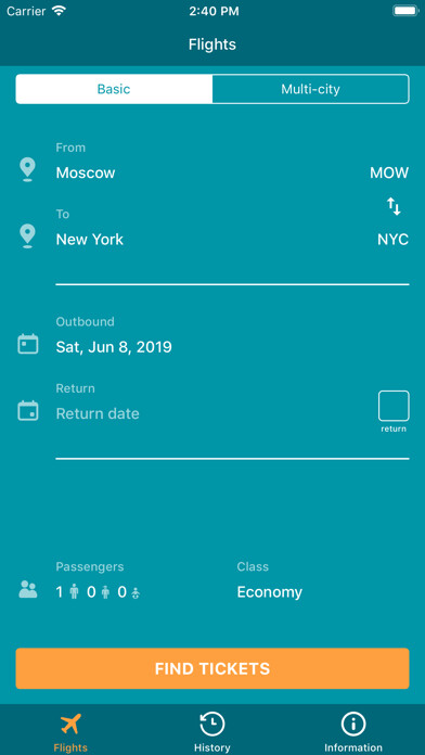 Emulate iPhone app Ventura Avia - flight search using MyAndroid