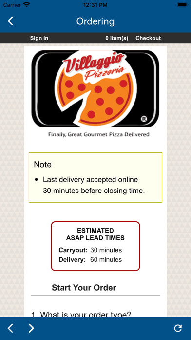 Emulate iPhone app Villaggio Pizzeria using MyAndroid
