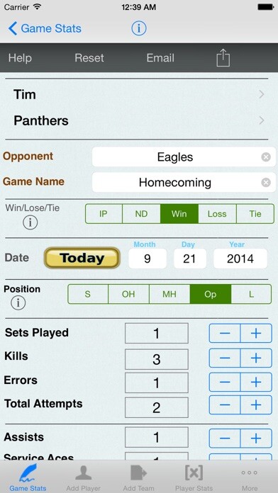 Emulate iPhone app Volleyball Player Game Stats using MyAndroid