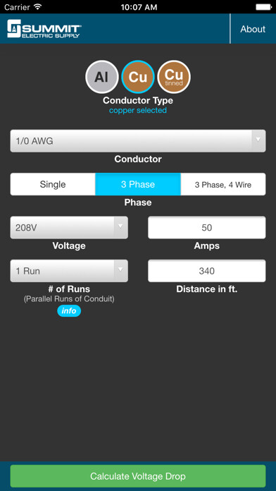 Emulate iPhone app Voltage Drop Calculator Summit using MyAndroid
