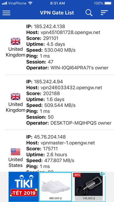 Emulate iPhone app VPN Gate List using MyAndroid