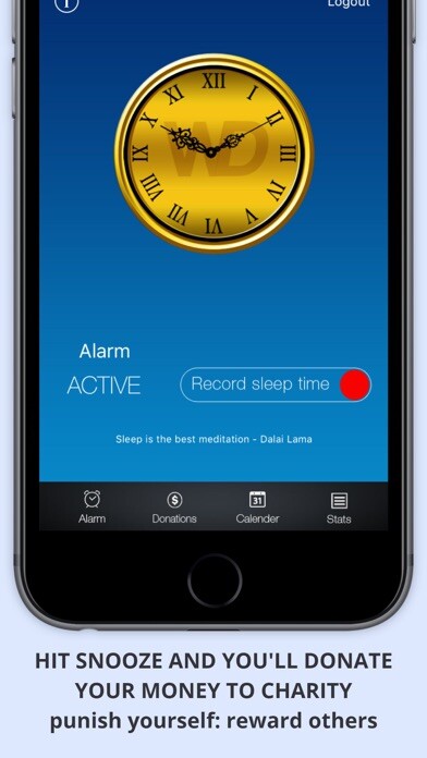 Emulate iPhone app WAKEorDONATE Free AlarmClock. Sleep in for Charity using MyAndroid