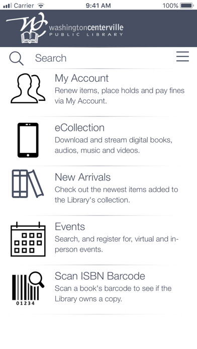 Emulate iPhone app Washington-Centerville Library using MyAndroid