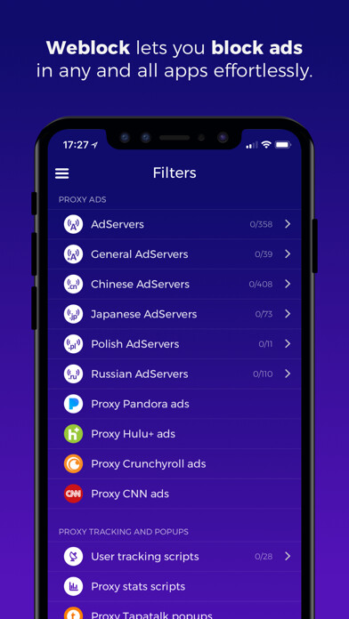 Emulate iPhone app Weblock: adblock & proxy using MyAndroid