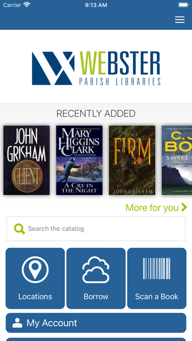 Emulate iPhone app Webster Parish Libraries using MyAndroid