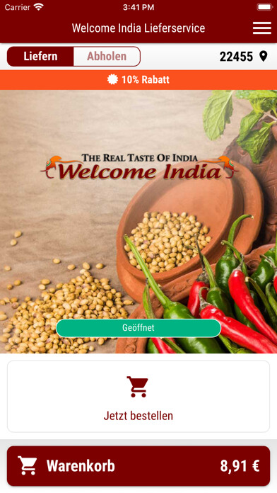 Emulate iPhone app Welcome India Lieferservice using MyAndroid