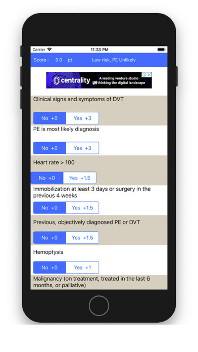 Emulate iPhone app Wells score for PE using MyAndroid
