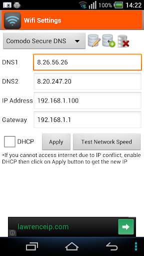 Run android online APK WiFi Settings (dns,ip,gateway) from MyAndroid or emulate WiFi Settings (dns,ip,gateway) using MyAndroid