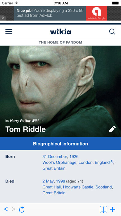 Emulate iPhone app Wiki for Harry Potter using MyAndroid