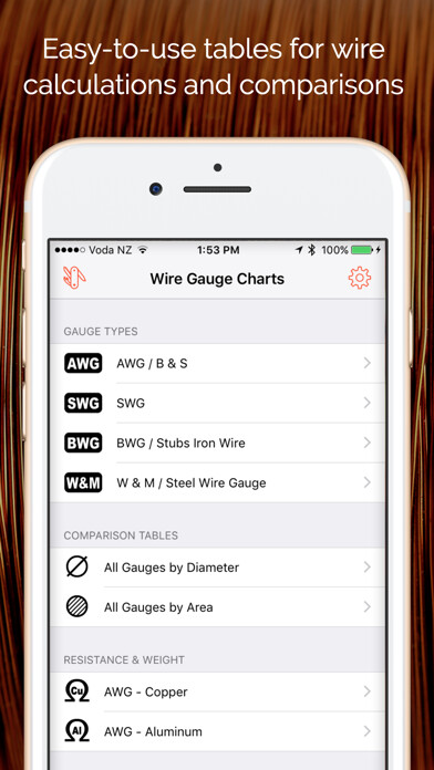Emulate iPhone app Wire Gauge Charts - Size tables for AWG, SWG, BWG using MyAndroid Emulate iPhone app Wire Gauge Charts - Size tables for AWG, SWG, BWG using MyAndroid