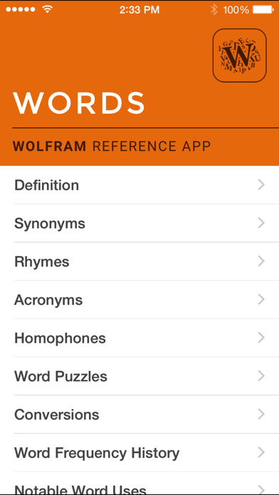 Emulate iPhone app Wolfram Words Reference App using MyAndroid