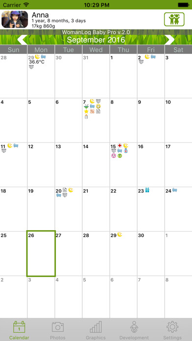 Emulate iPhone app WomanLog Baby Pro Calendar using MyAndroid