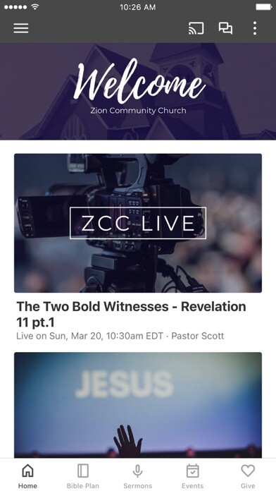 Emulate iPhone app Zion Community Church using MyAndroid
